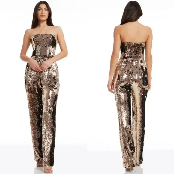 Dress the Population | Pants & Jumpsuits | Nwot Dress The Population Andy  Sequin Strapless Jumpsuit In Gold Size Xlarge | Poshmark